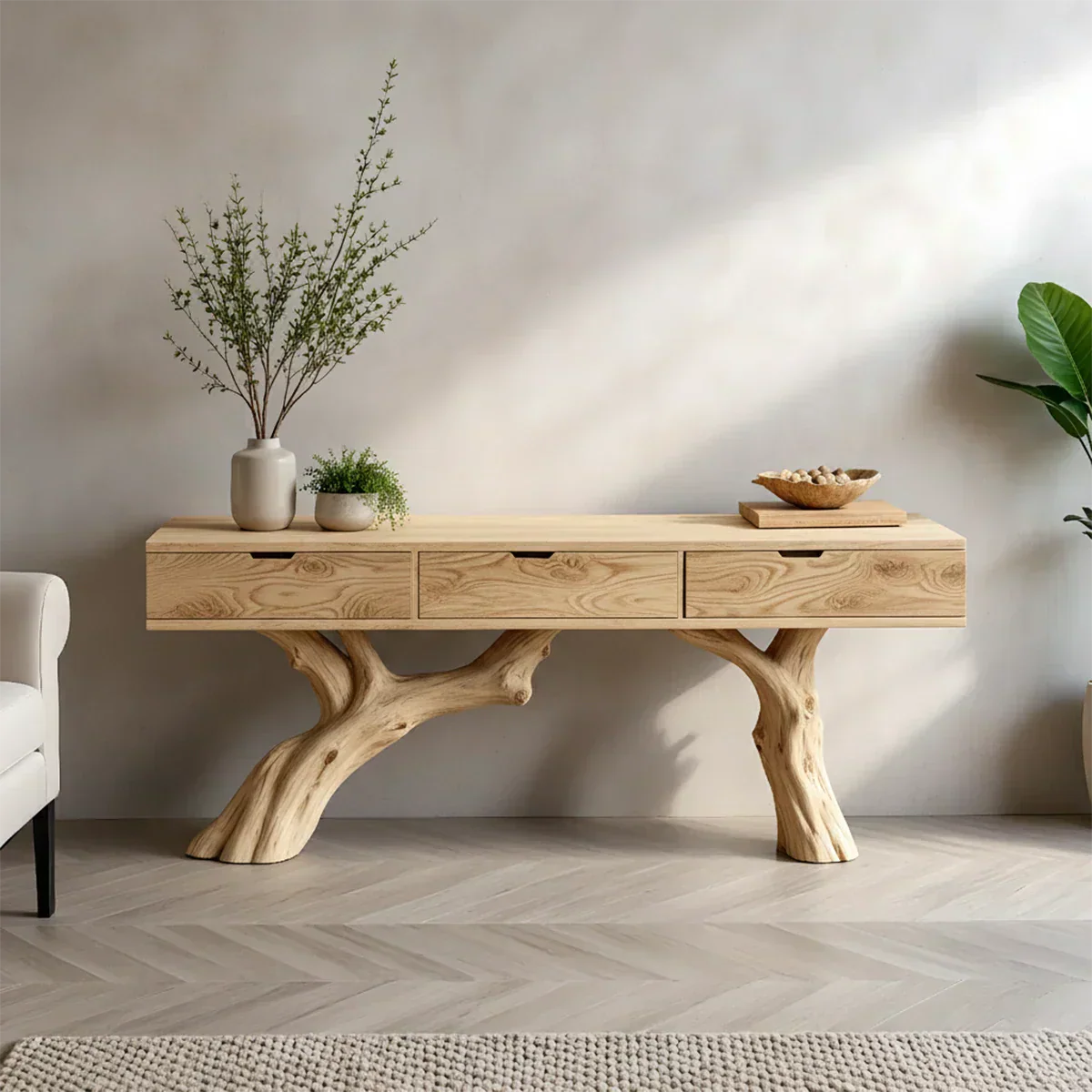 Solid Wood Console Table with Branch-Style Base & Hidden Pull Drawers - Rustiracraft 