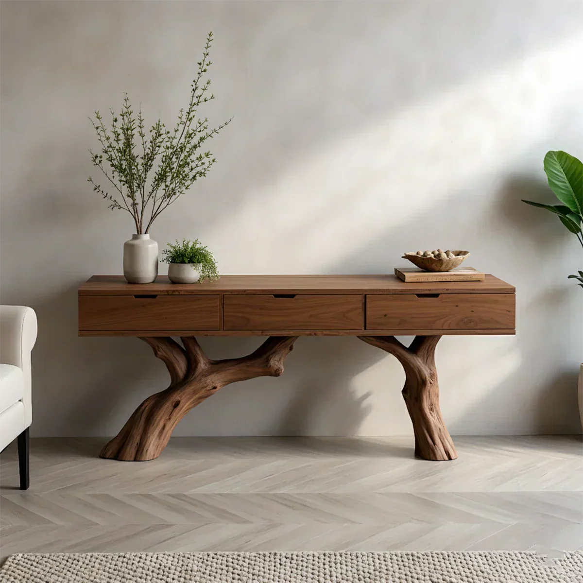 Solid Wood Console Table with Branch-Style Base & Hidden Pull Drawers - Rustiracraft 
