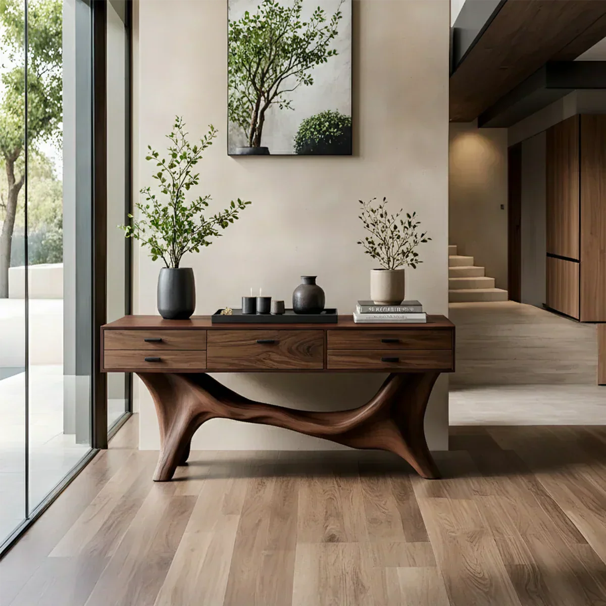 Solid Wood Console Table with Curved Branch Base & Drawers - Rustiracraft 