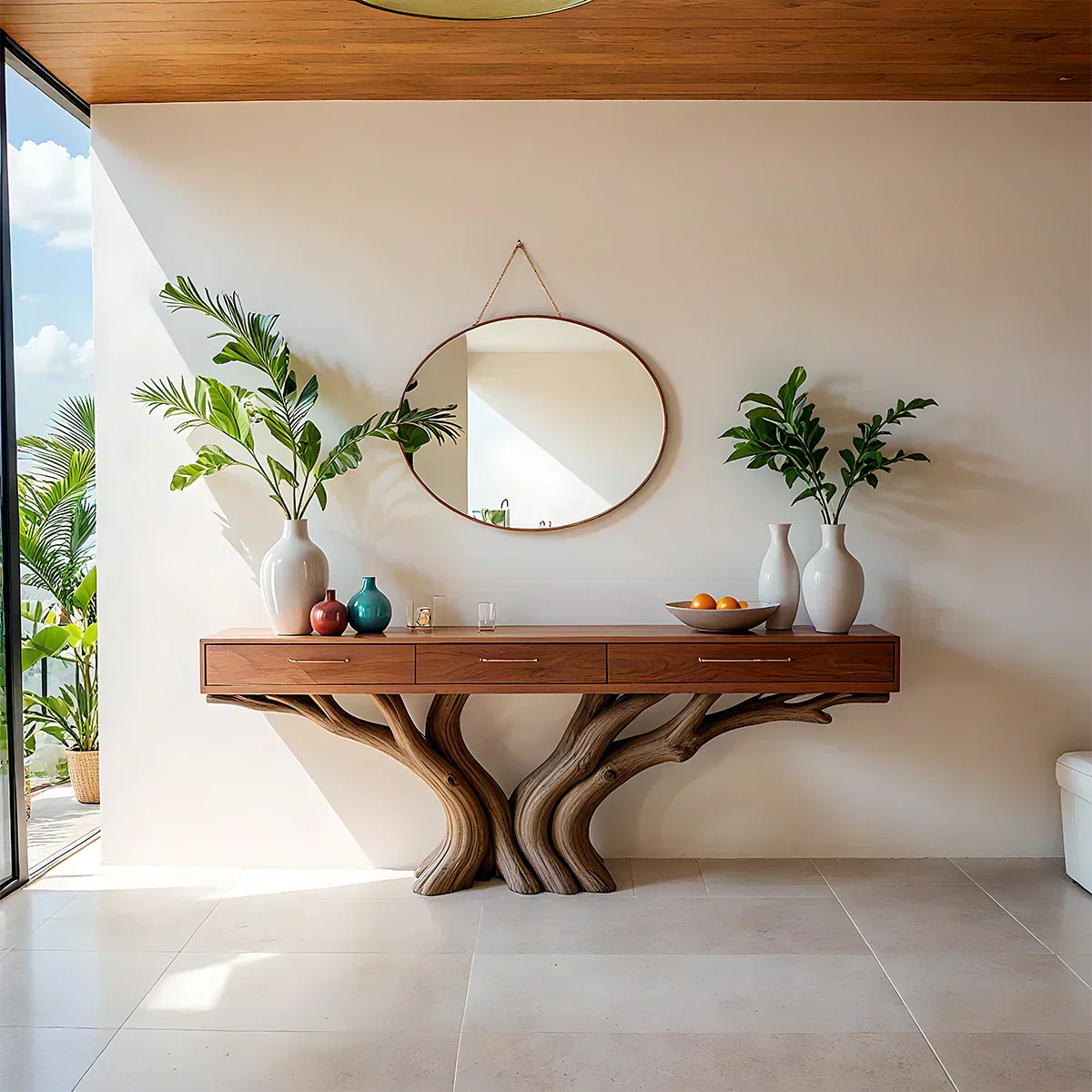 Solid Wood Console Table with Double Tree-Root Sculptural Base & Drawers - Rustiracraft 