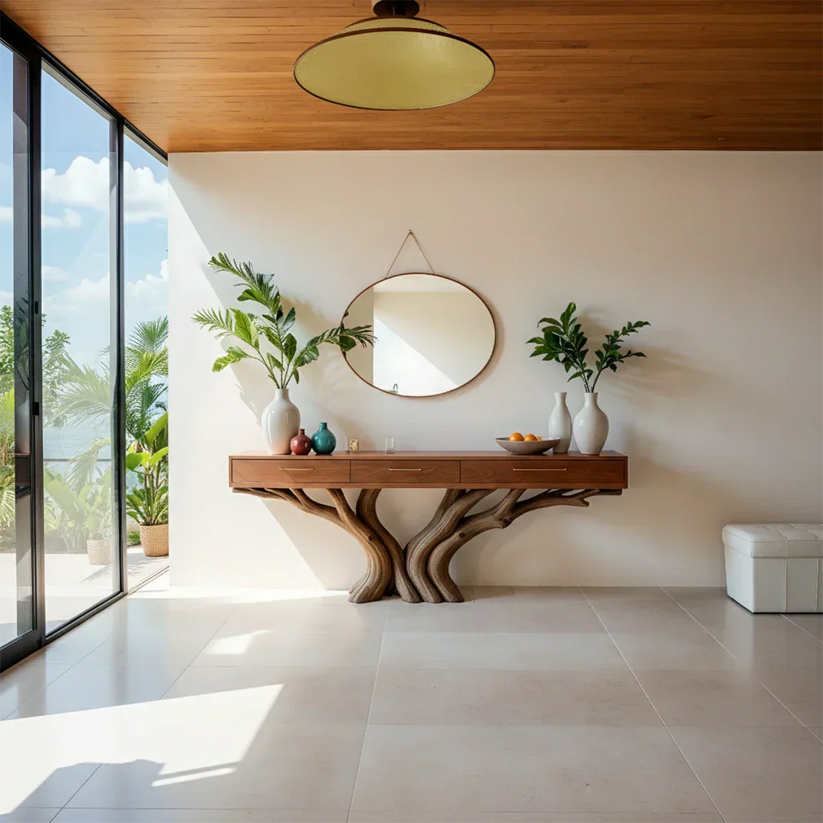 Solid Wood Console Table with Double Tree-Root Sculptural Base & Drawers - Rustiracraft 