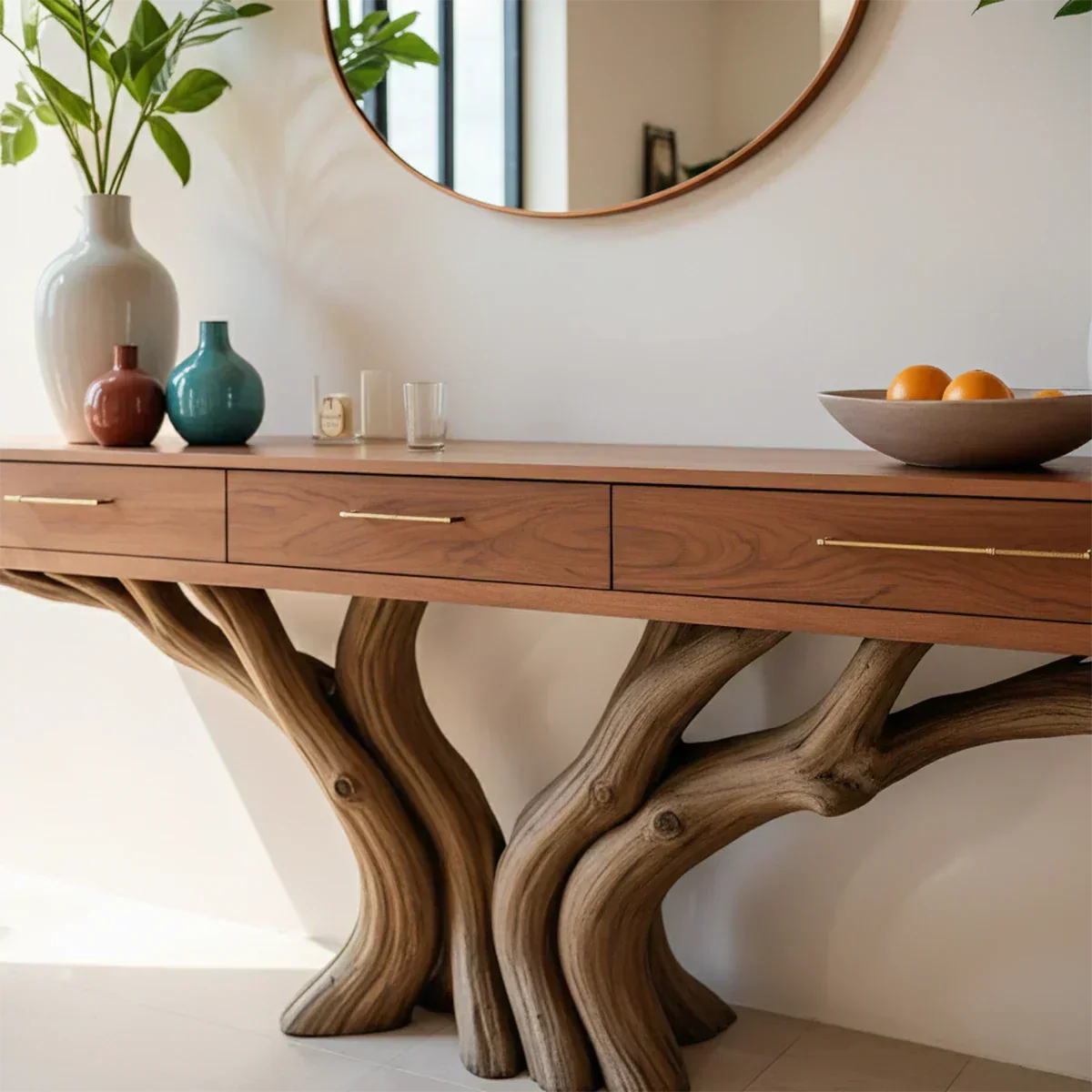 Solid Wood Console Table with Double Tree-Root Sculptural Base & Drawers - Rustiracraft 