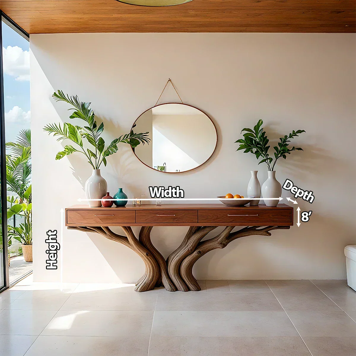 Solid Wood Console Table with Double Tree-Root Sculptural Base & Drawers - Rustiracraft 
