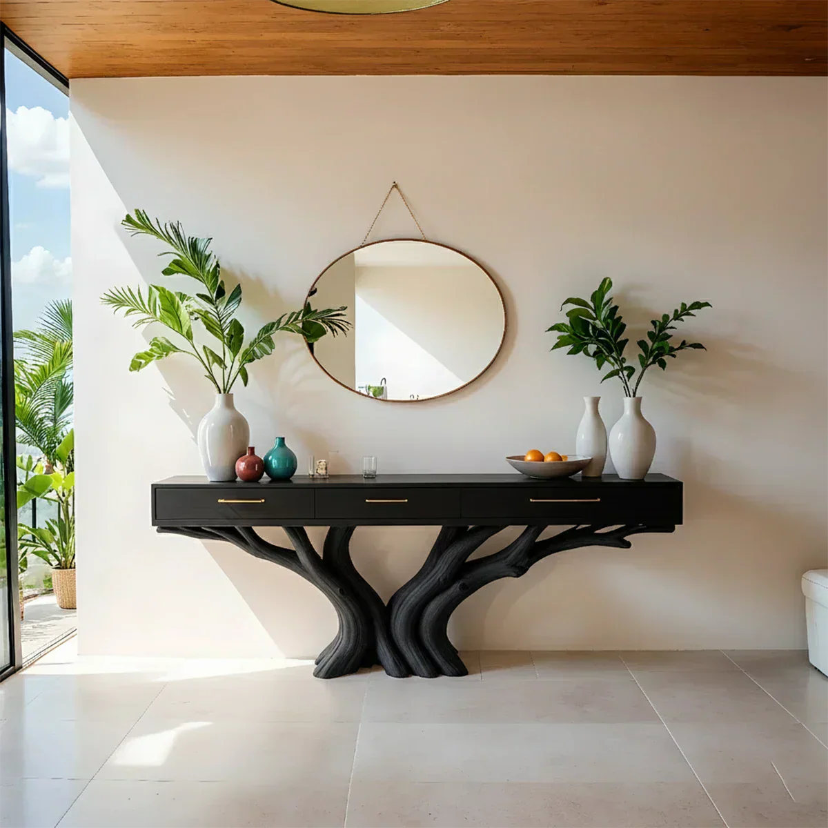 Solid Wood Console Table with Double Tree-Root Sculptural Base & Drawers - Rustiracraft 