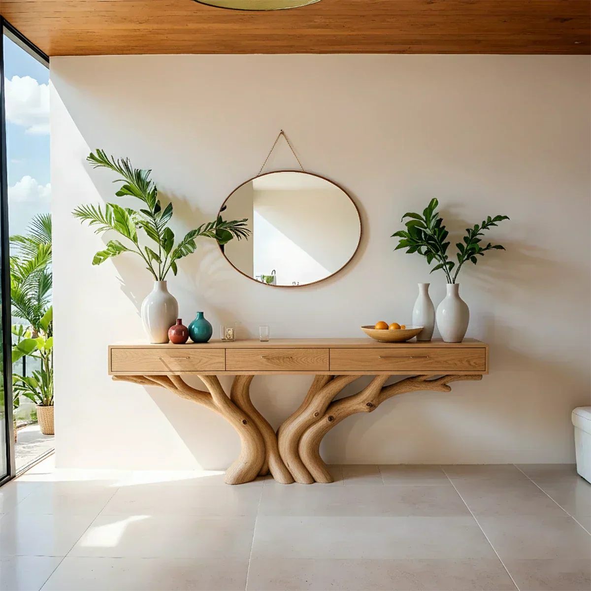 Solid Wood Console Table with Double Tree-Root Sculptural Base & Drawers - Rustiracraft 