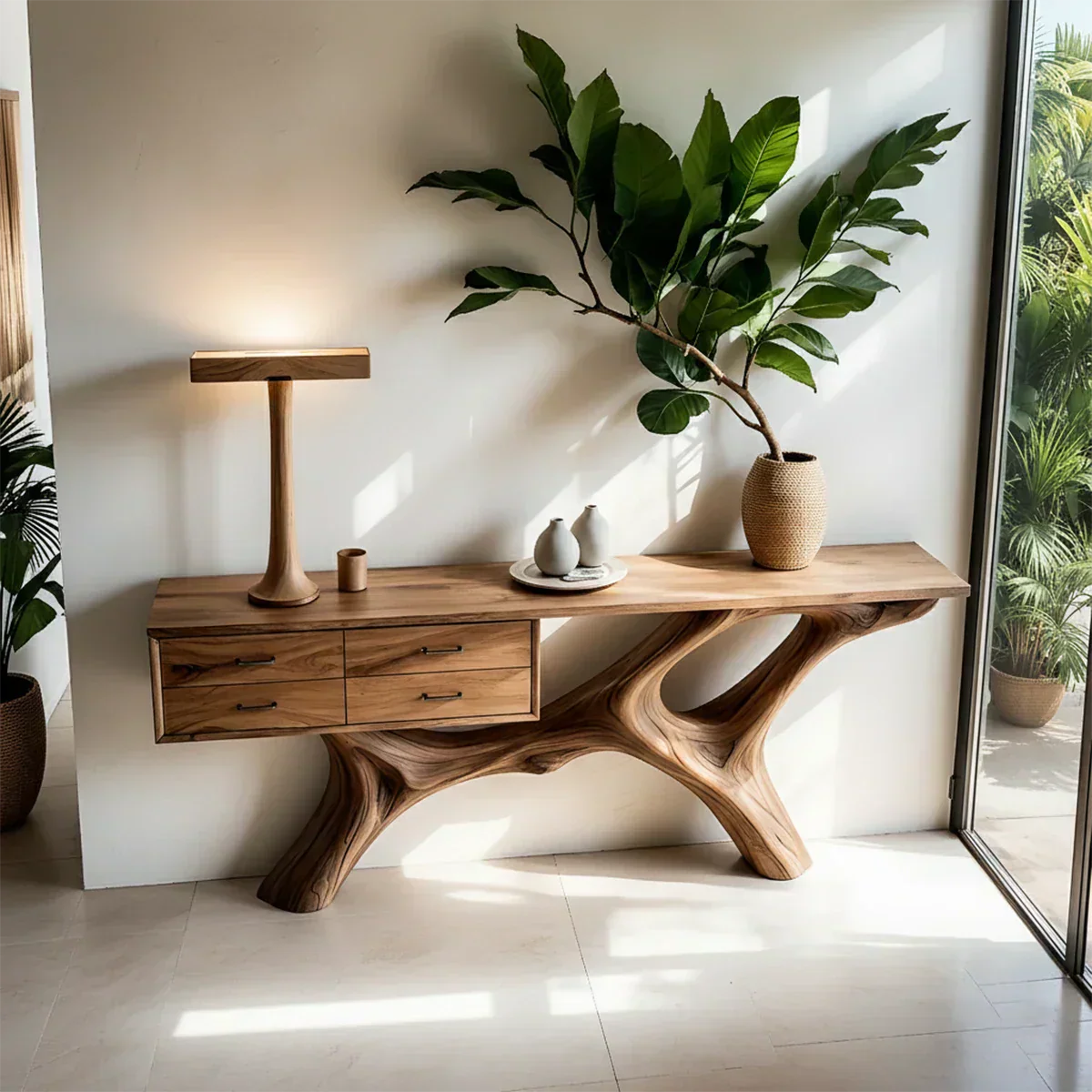Solid Wood Console Table with Fluid Sculptural Base & Drawers - Rustiracraft 