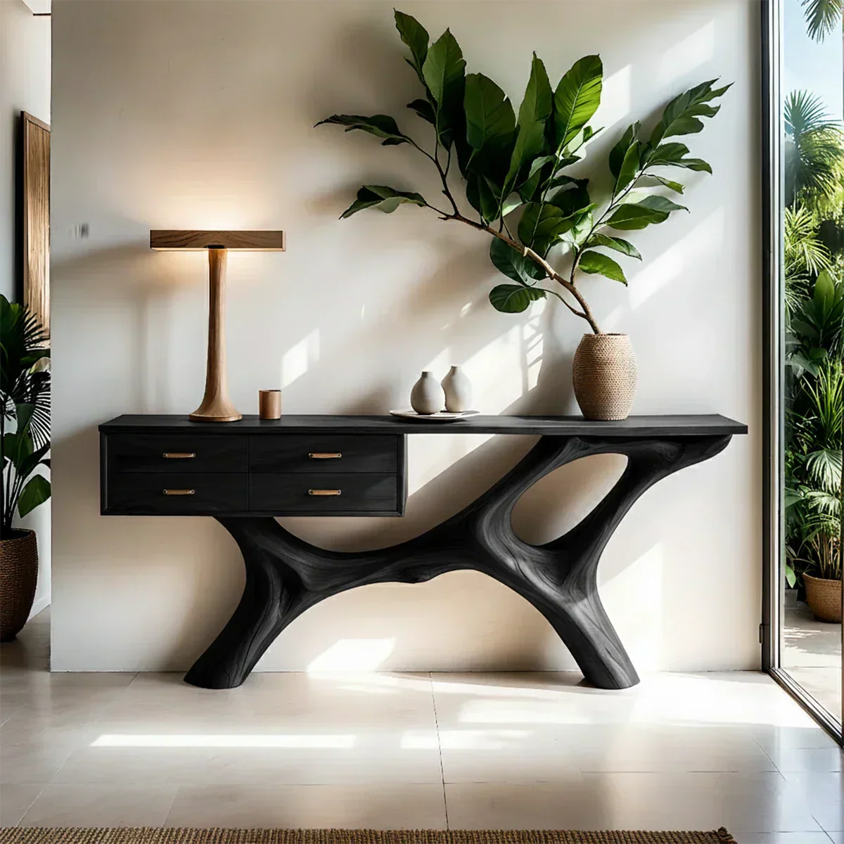 Solid Wood Console Table with Fluid Sculptural Base & Drawers - Rustiracraft 