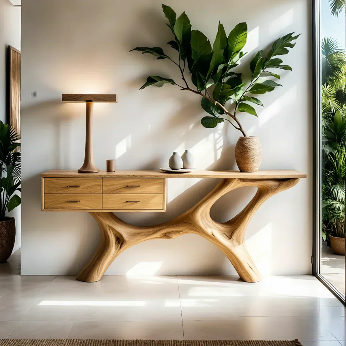 Solid Wood Console Table with Fluid Sculptural Base & Drawers - Rustiracraft 