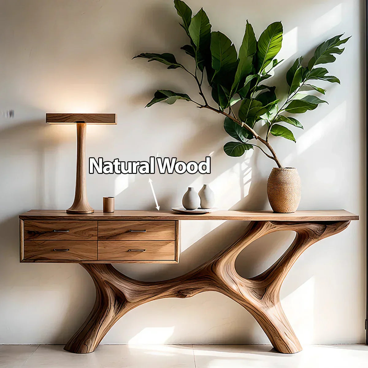 Solid Wood Console Table with Fluid Sculptural Base & Drawers - Rustiracraft 