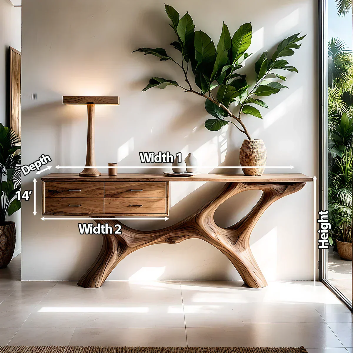 Solid Wood Console Table with Fluid Sculptural Base & Drawers - Rustiracraft 