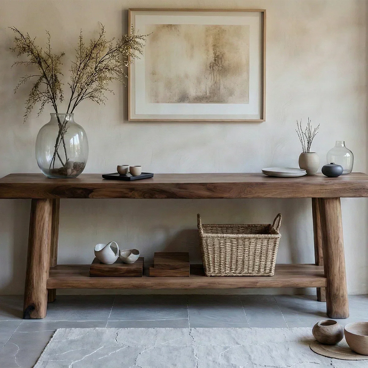 Solid Wood Console Table with Lower Shelf – Modern Natural Craft - Rustiracraft