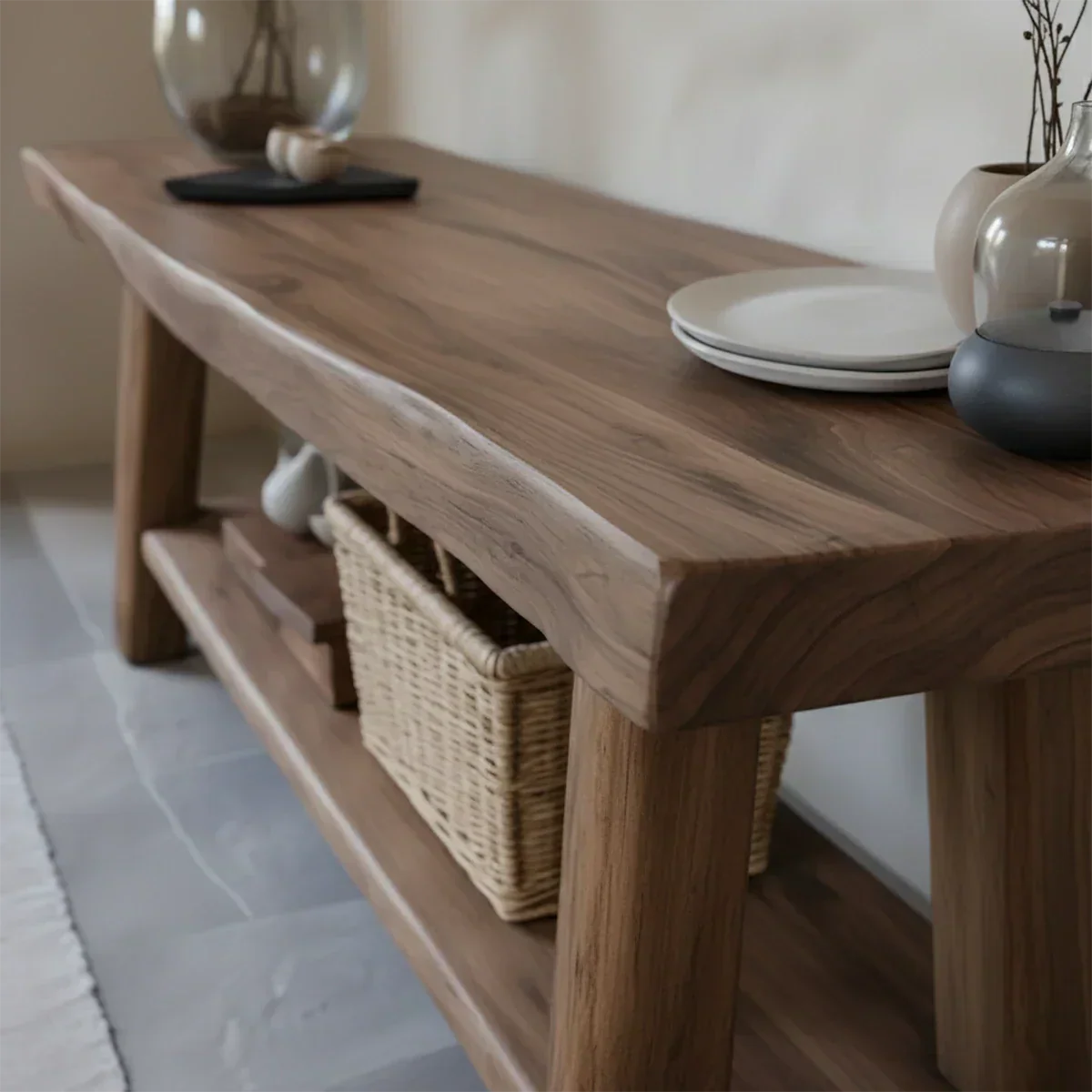 Solid Wood Console Table with Lower Shelf – Modern Natural Craft - Rustiracraft