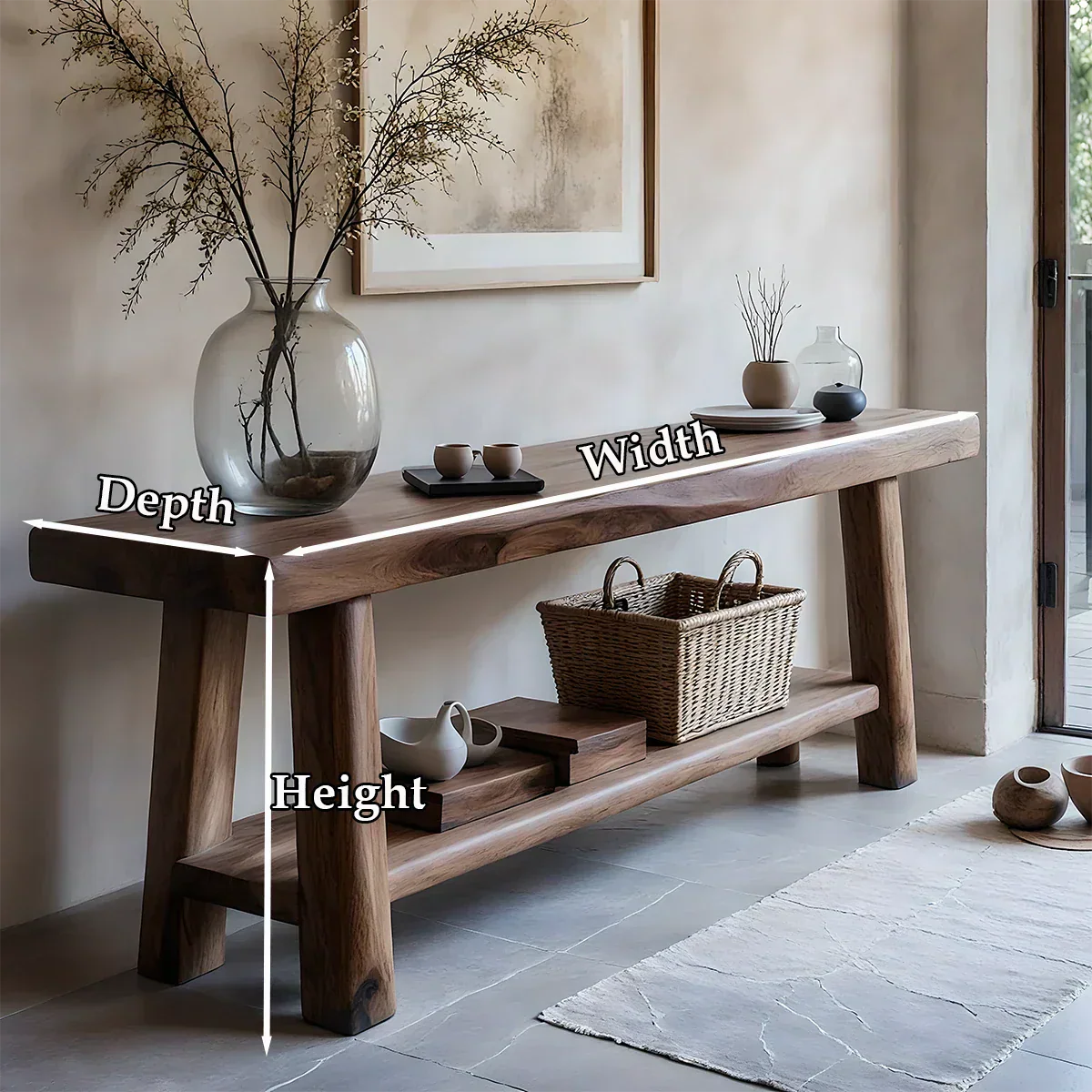 Solid Wood Console Table with Lower Shelf – Modern Natural Craft - Rustiracraft