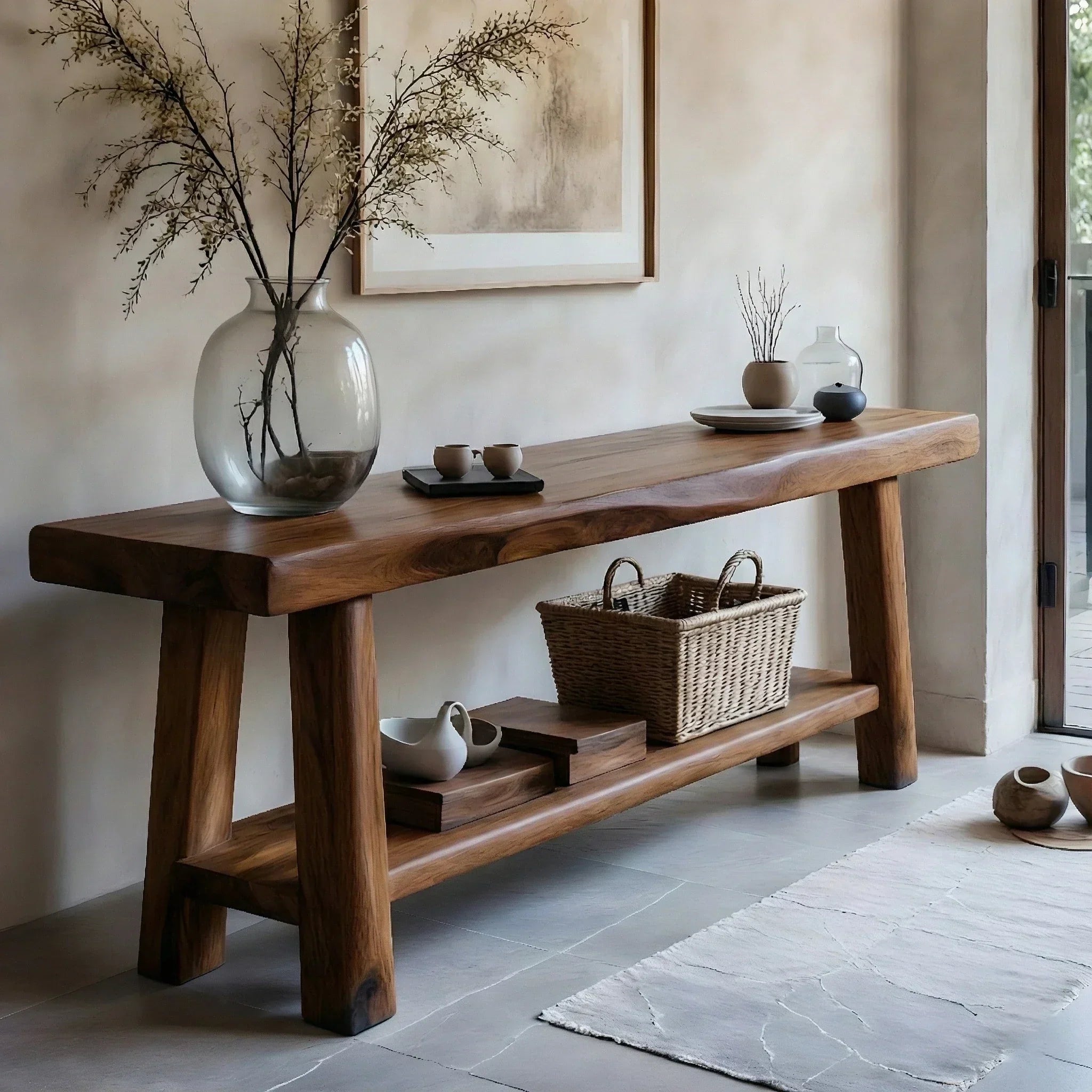 Solid Wood Console Table with Lower Shelf – Modern Natural Craft - Rustiracraft