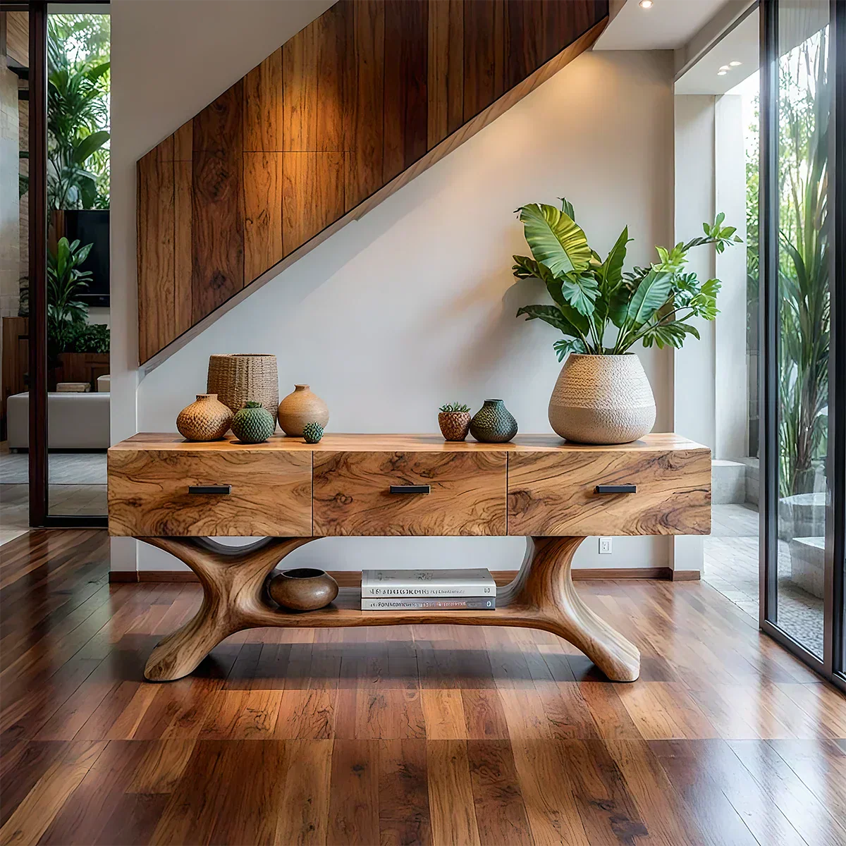 Solid Wood Console Table with Organic Sculptural Base & Drawers - Rustiracraft 