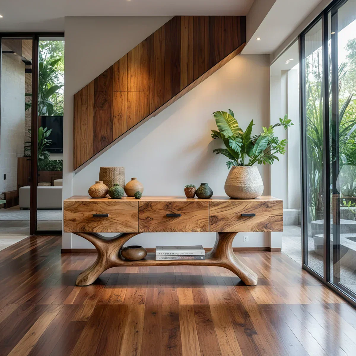 Solid Wood Console Table with Organic Sculptural Base & Drawers - Rustiracraft 