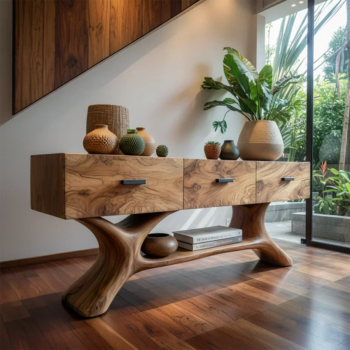 Solid Wood Console Table with Organic Sculptural Base & Drawers - Rustiracraft 