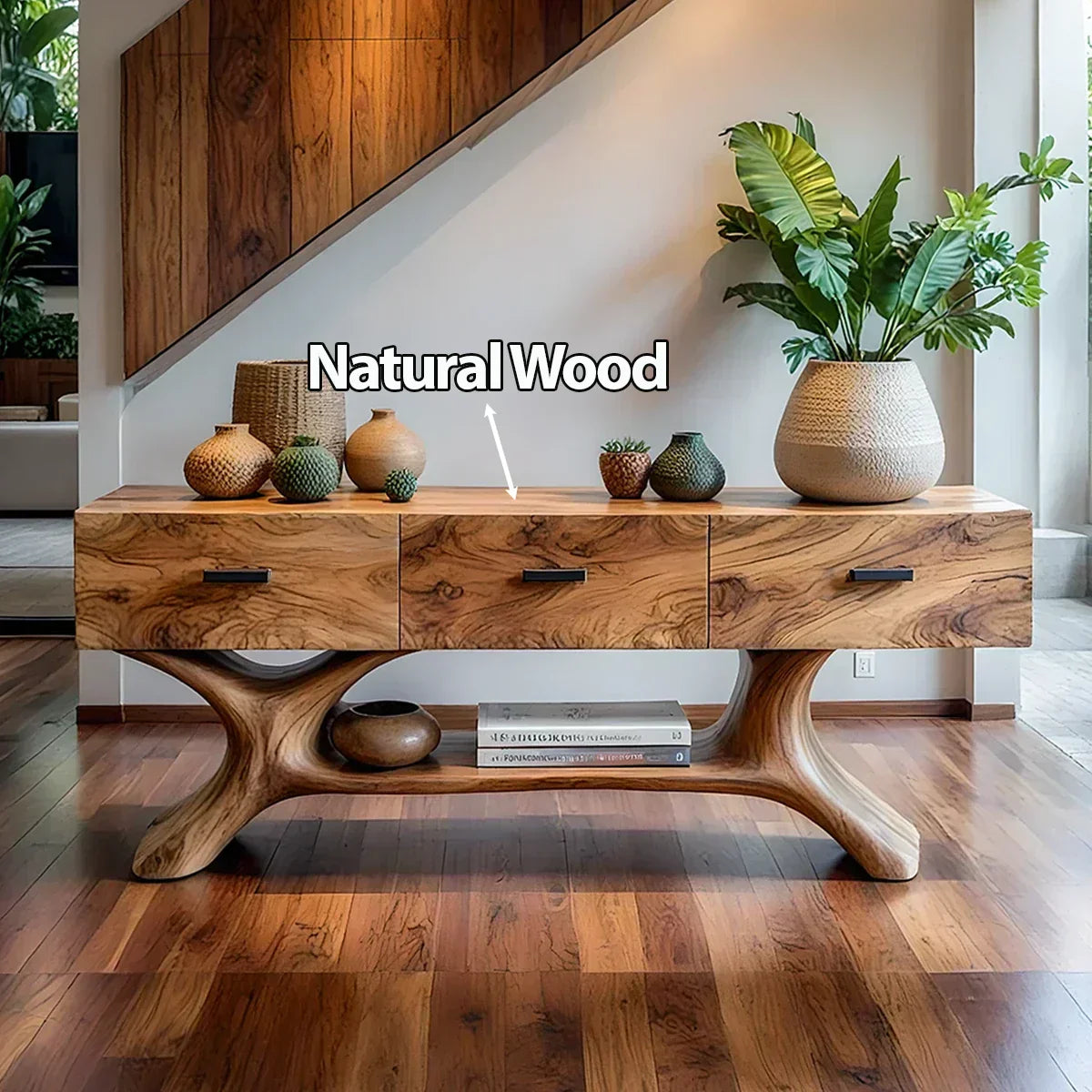 Solid Wood Console Table with Organic Sculptural Base & Drawers - Rustiracraft 