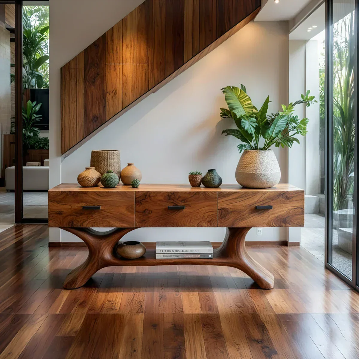 Solid Wood Console Table with Organic Sculptural Base & Drawers - Rustiracraft 