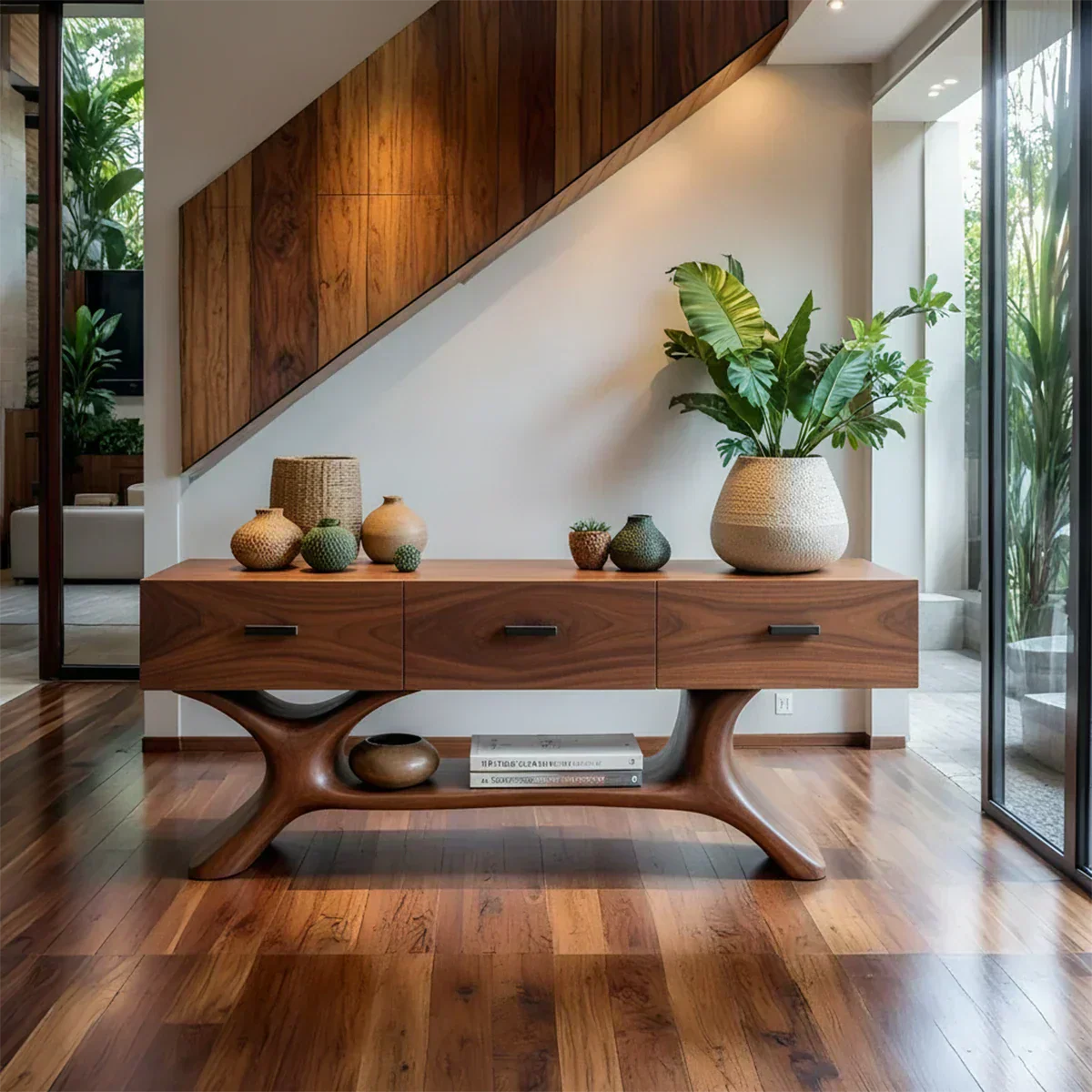 Solid Wood Console Table with Organic Sculptural Base & Drawers - Rustiracraft 
