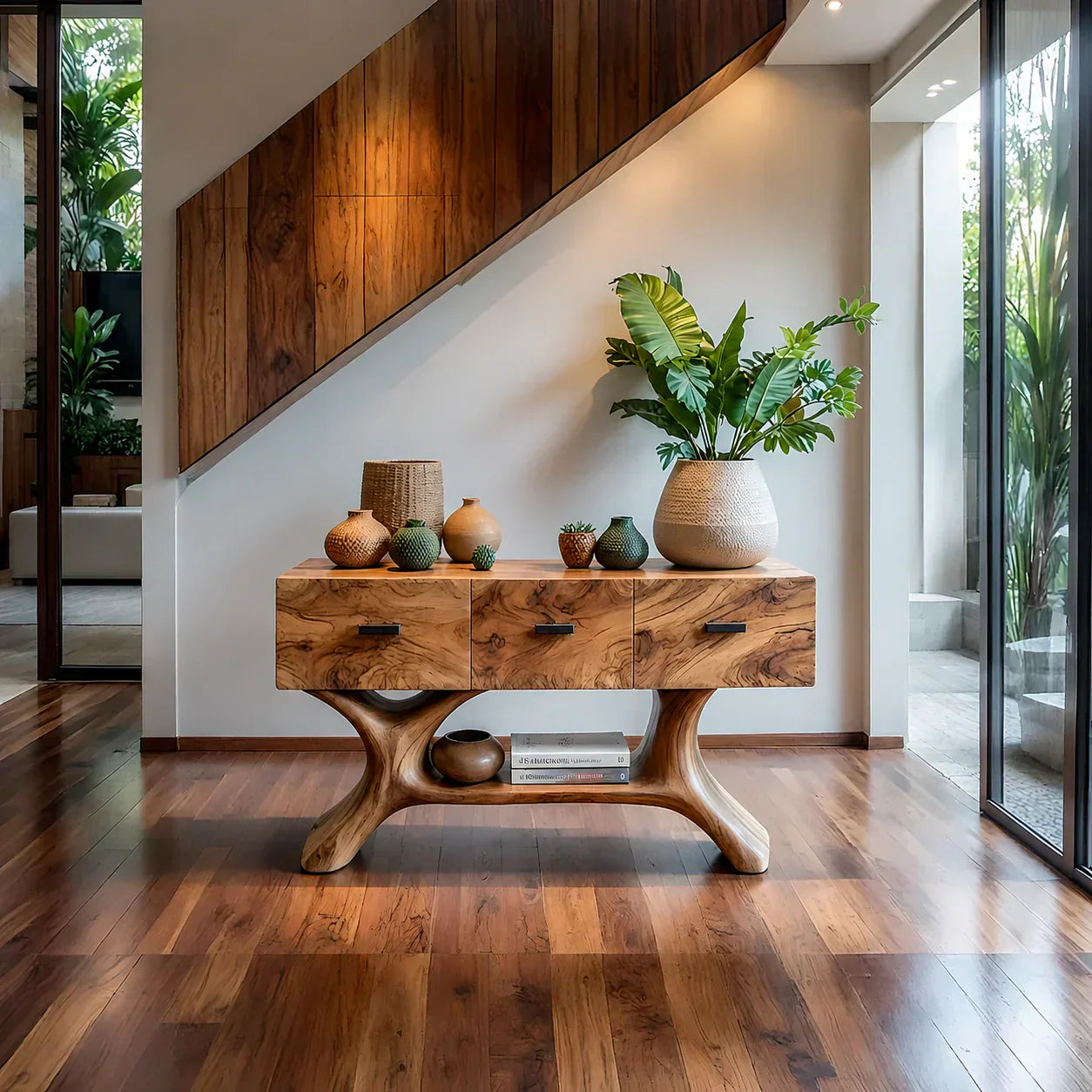 Solid Wood Console Table with Organic Sculptural Base & Drawers - Rustiracraft