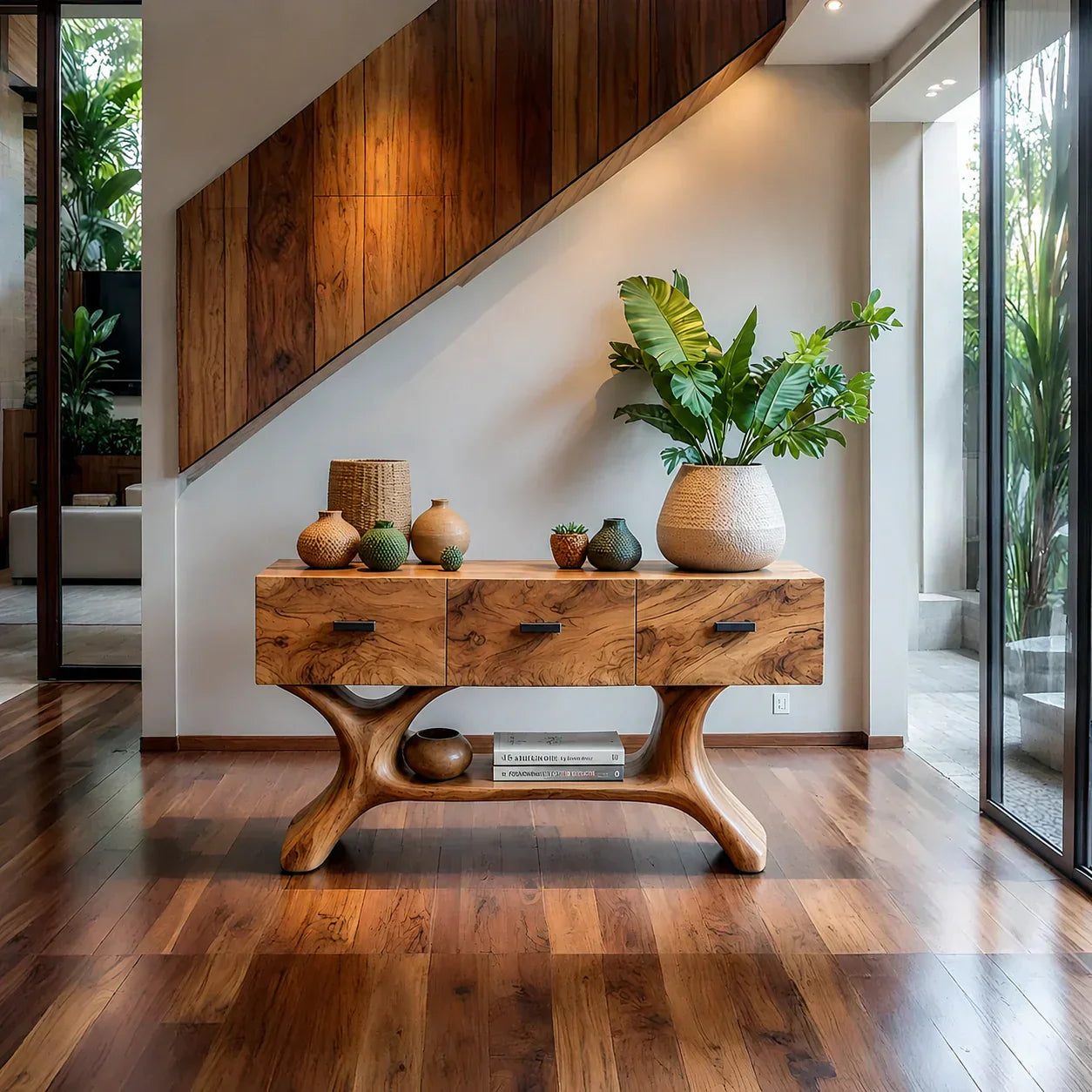 Solid Wood Console Table with Organic Sculptural Base & Drawers - Rustiracraft