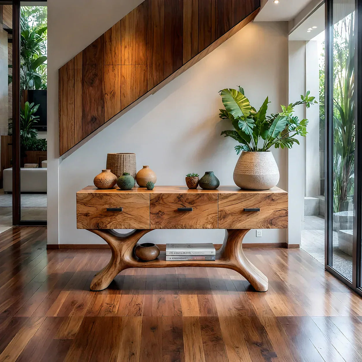 Solid Wood Console Table with Organic Sculptural Base & Drawers - Rustiracraft