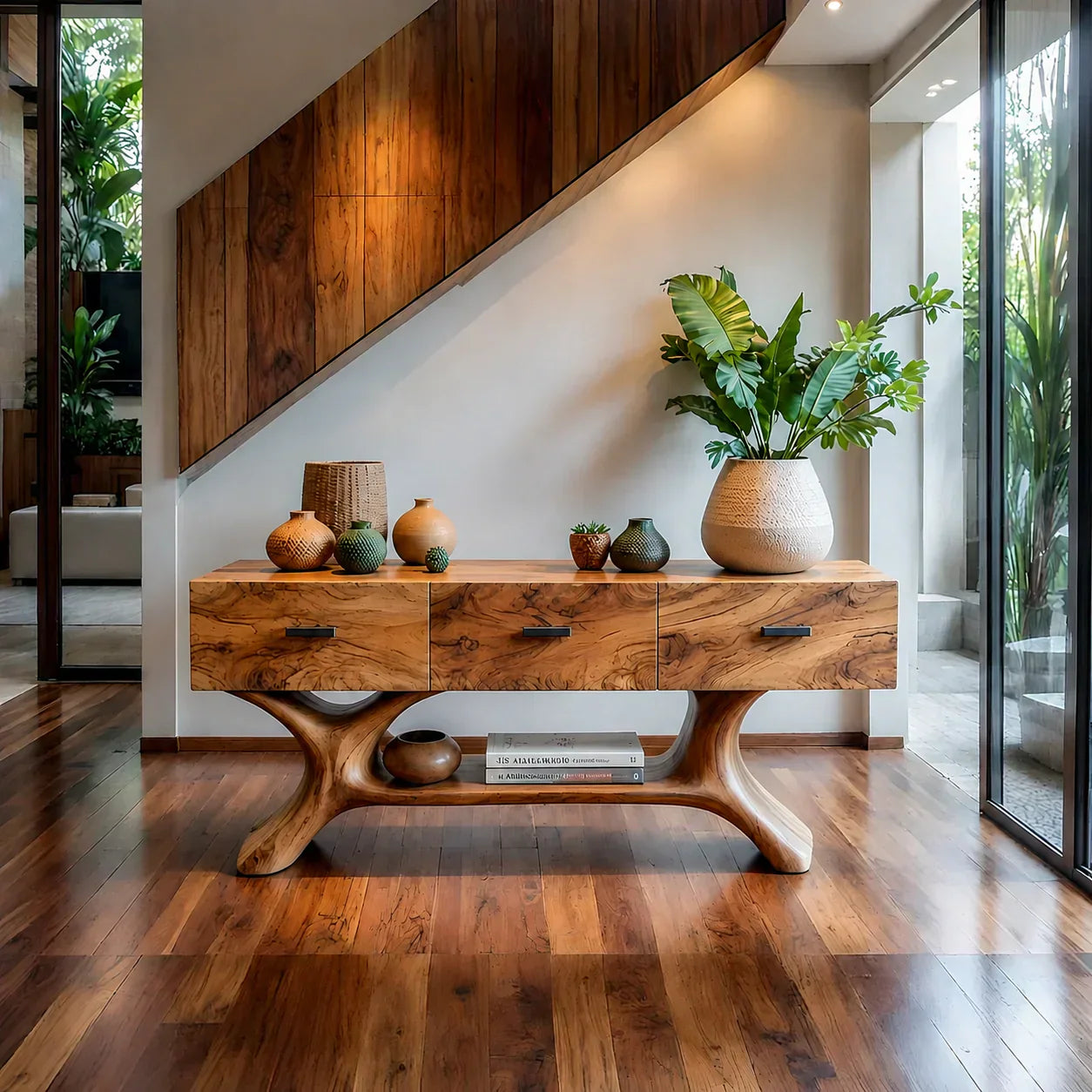 Solid Wood Console Table with Organic Sculptural Base & Drawers - Rustiracraft