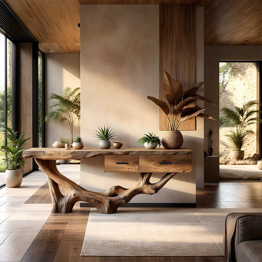 Solid Wood Console Table with Raw-Edge Top & Sculpted Root-Form Base - Rustiracraft 
