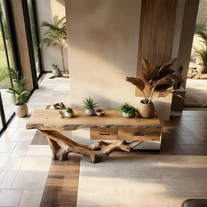 Solid Wood Console Table with Raw-Edge Top & Sculpted Root-Form Base - Rustiracraft 