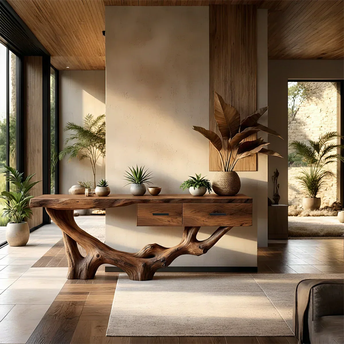 Solid Wood Console Table with Raw-Edge Top & Sculpted Root-Form Base - Rustiracraft 