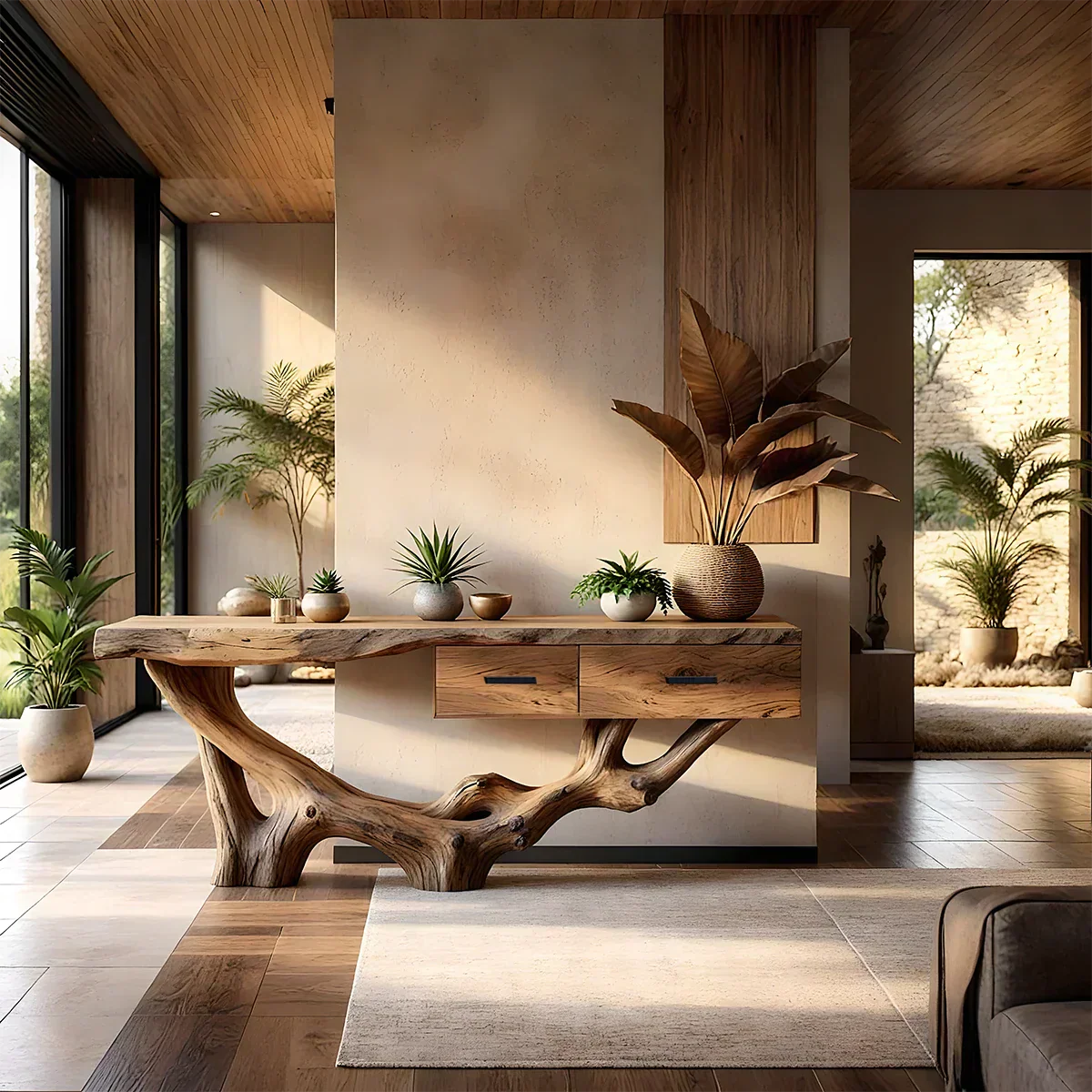 Solid Wood Console Table with Raw-Edge Top & Sculpted Root-Form Base - Rustiracraft 