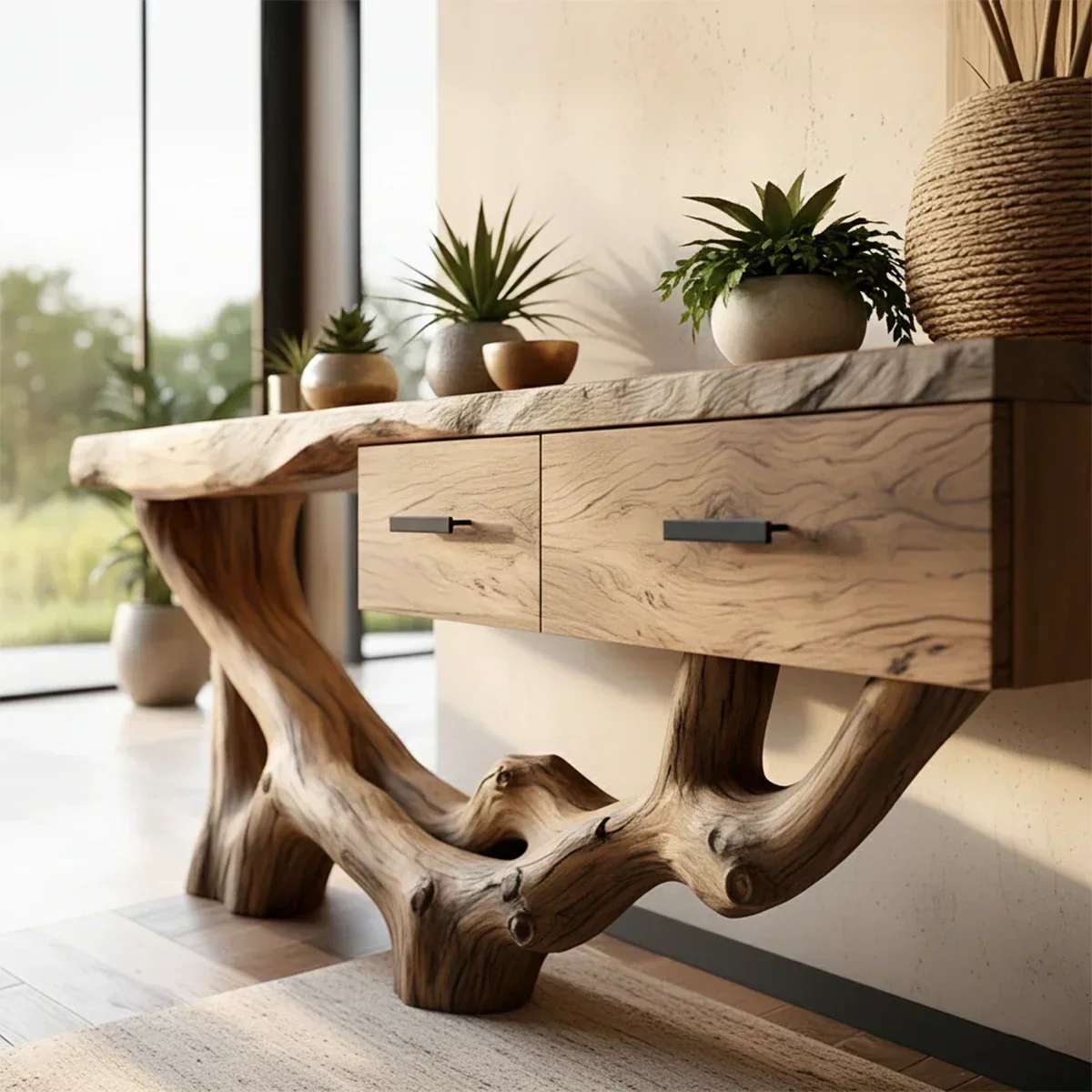 Solid Wood Console Table with Raw-Edge Top & Sculpted Root-Form Base - Rustiracraft 