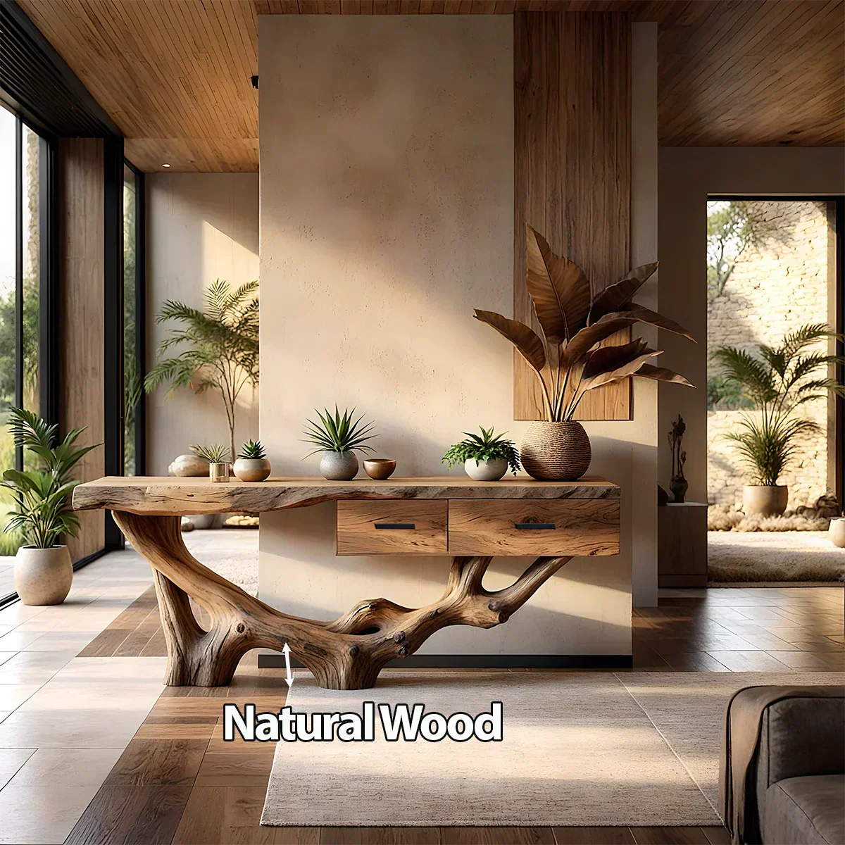 Solid Wood Console Table with Raw-Edge Top & Sculpted Root-Form Base - Rustiracraft 