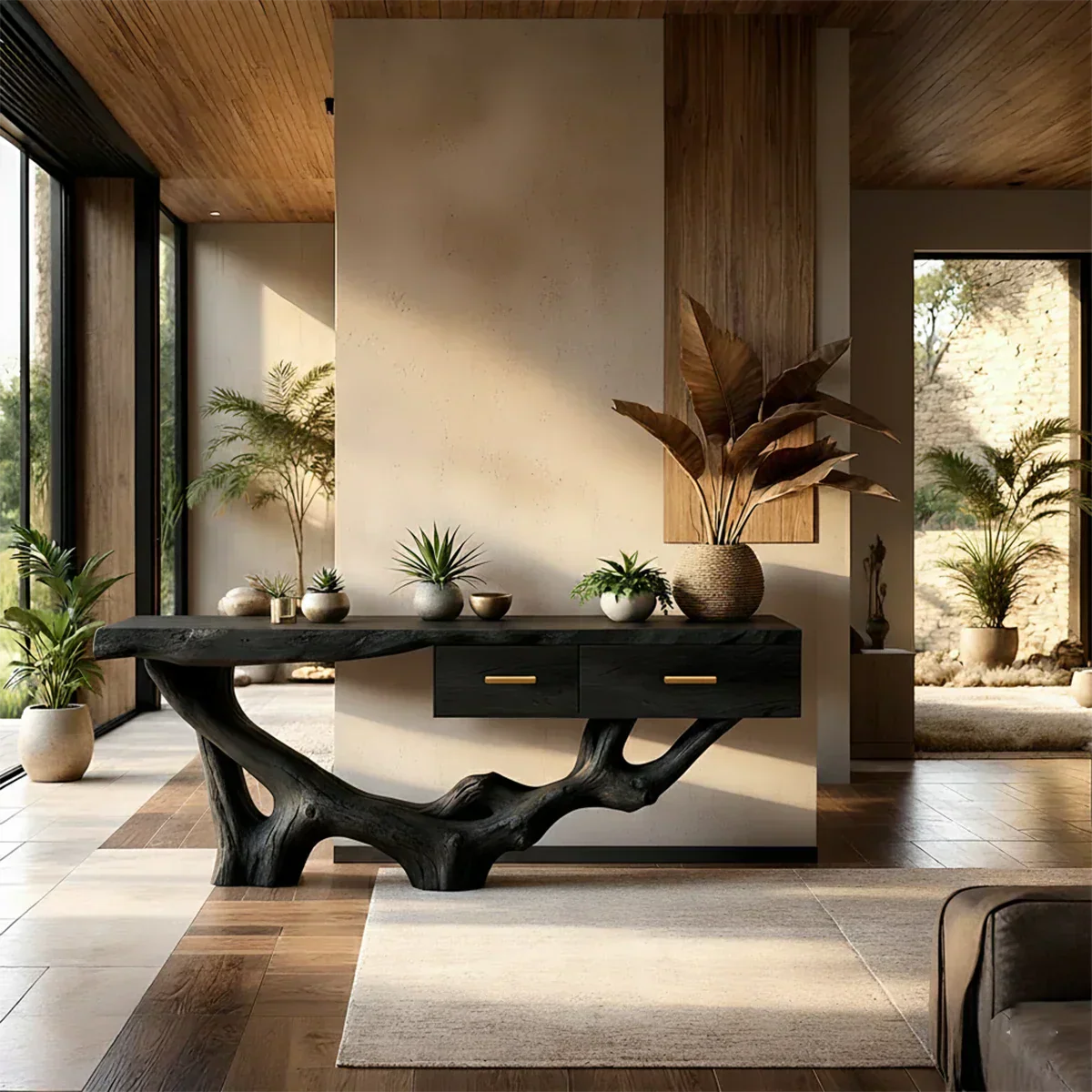 Solid Wood Console Table with Raw-Edge Top & Sculpted Root-Form Base - Rustiracraft 