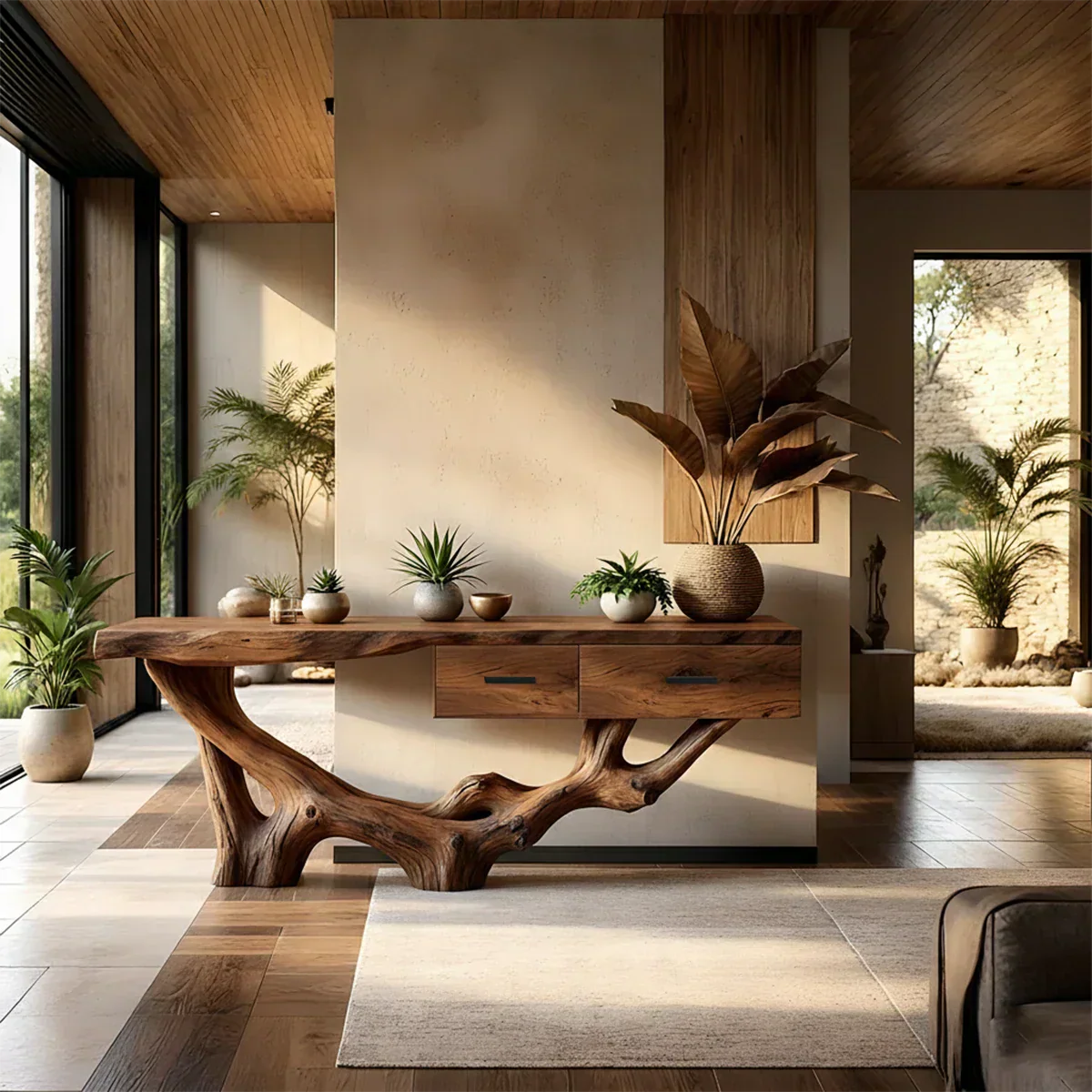 Solid Wood Console Table with Raw-Edge Top & Sculpted Root-Form Base - Rustiracraft 
