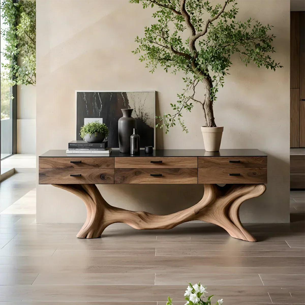 Solid Wood Console Table with Sculpted Branch-Form Base & Drawers - Rustiracraft 