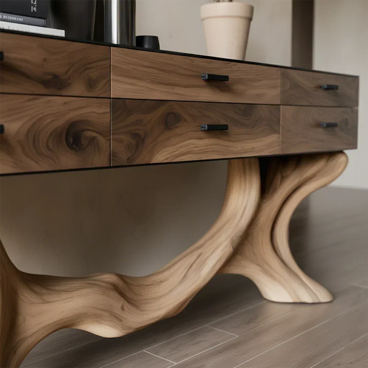 Solid Wood Console Table with Sculpted Branch-Form Base & Drawers - Rustiracraft 