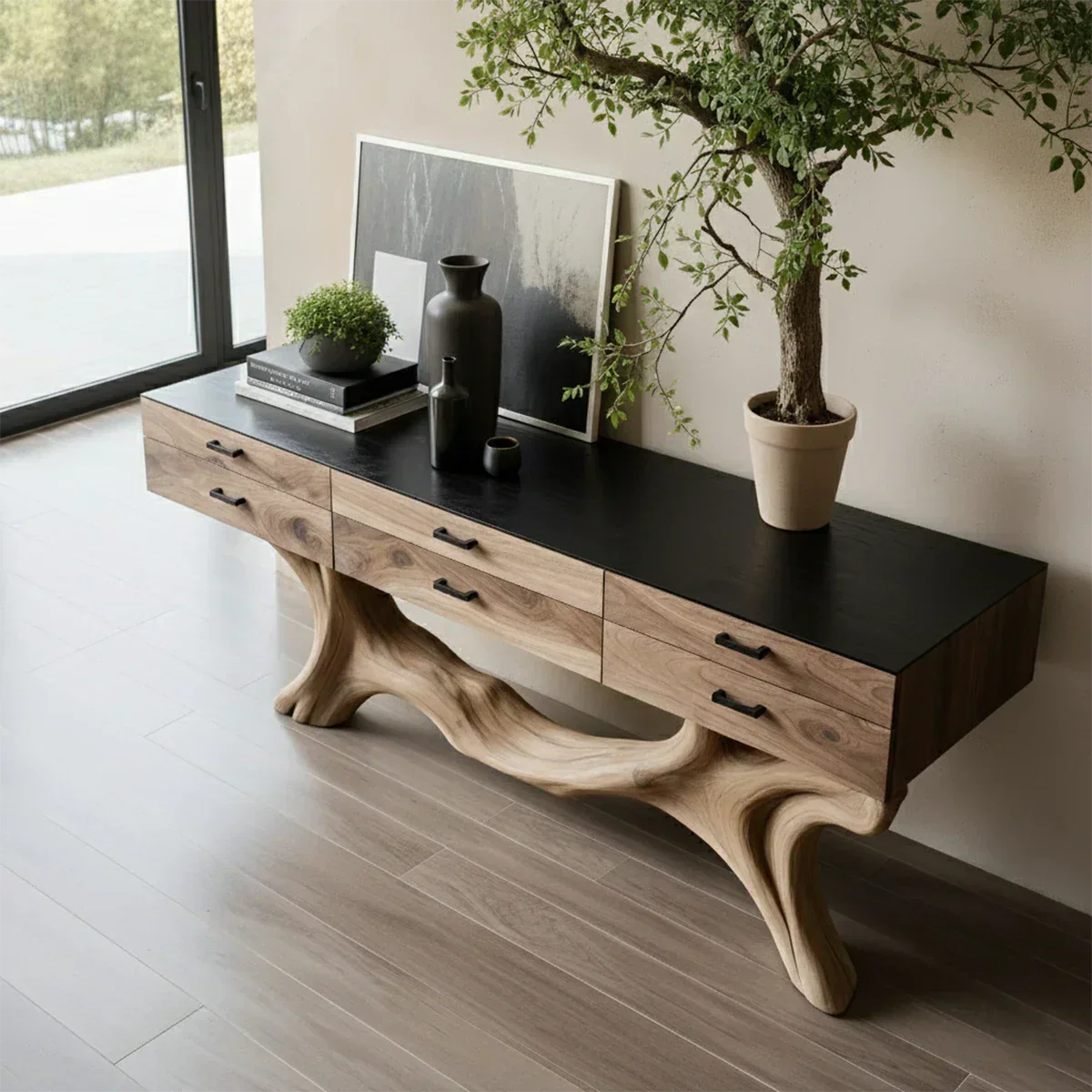 Solid Wood Console Table with Sculpted Branch-Form Base & Drawers - Rustiracraft 