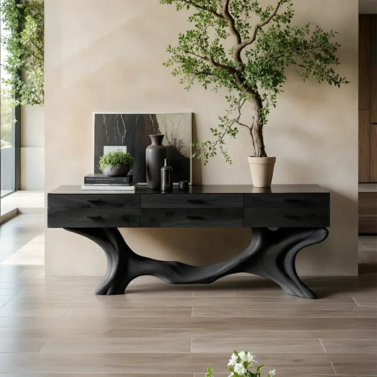Solid Wood Console Table with Sculpted Branch-Form Base & Drawers - Rustiracraft 