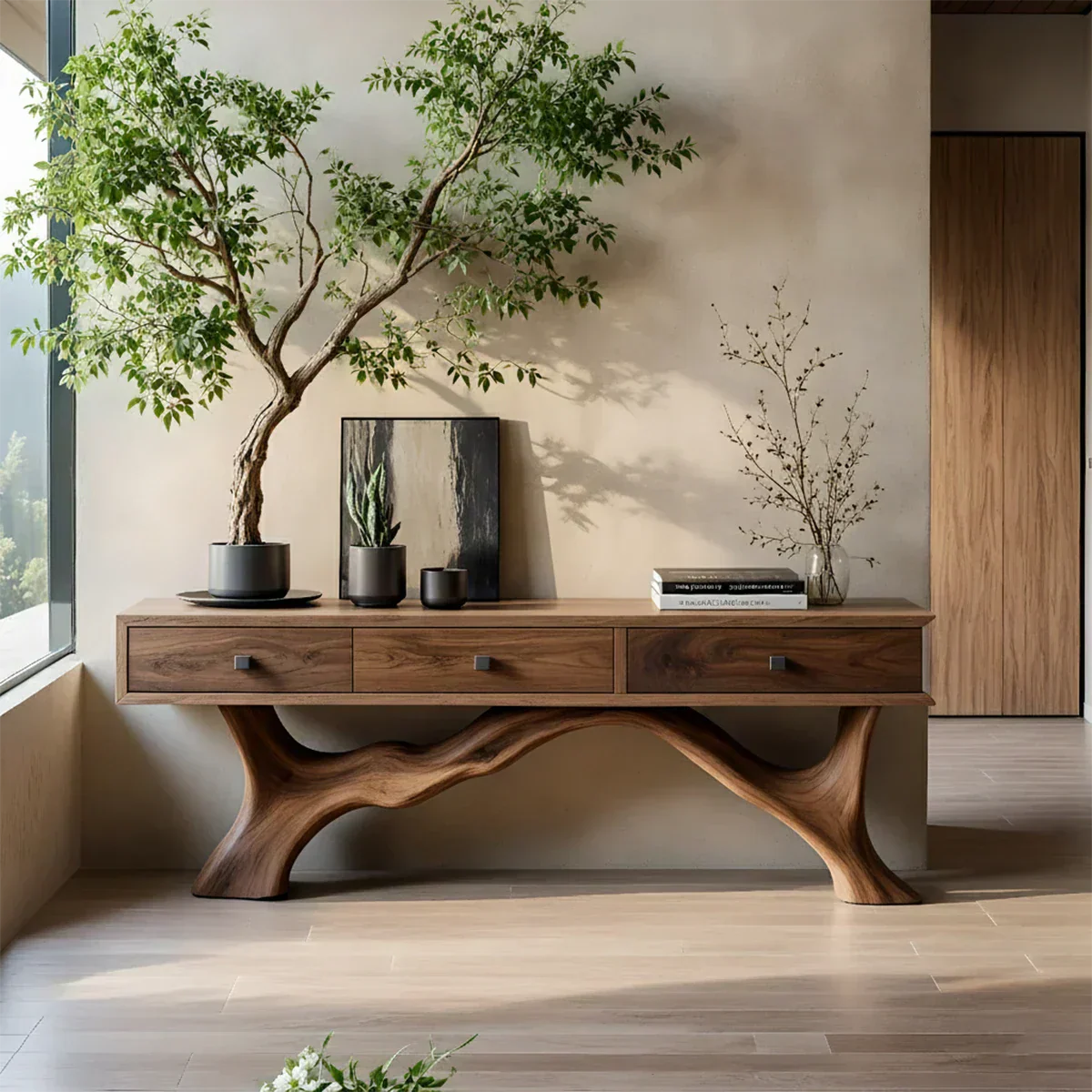 Solid Wood Console Table with Sculpted Root-Inspired Base & Drawers - Rustiracraft 