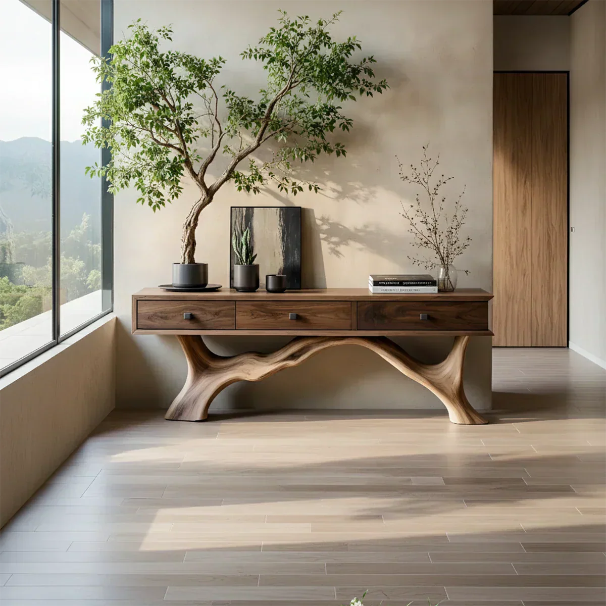 Solid Wood Console Table with Sculpted Root-Inspired Base & Drawers - Rustiracraft 