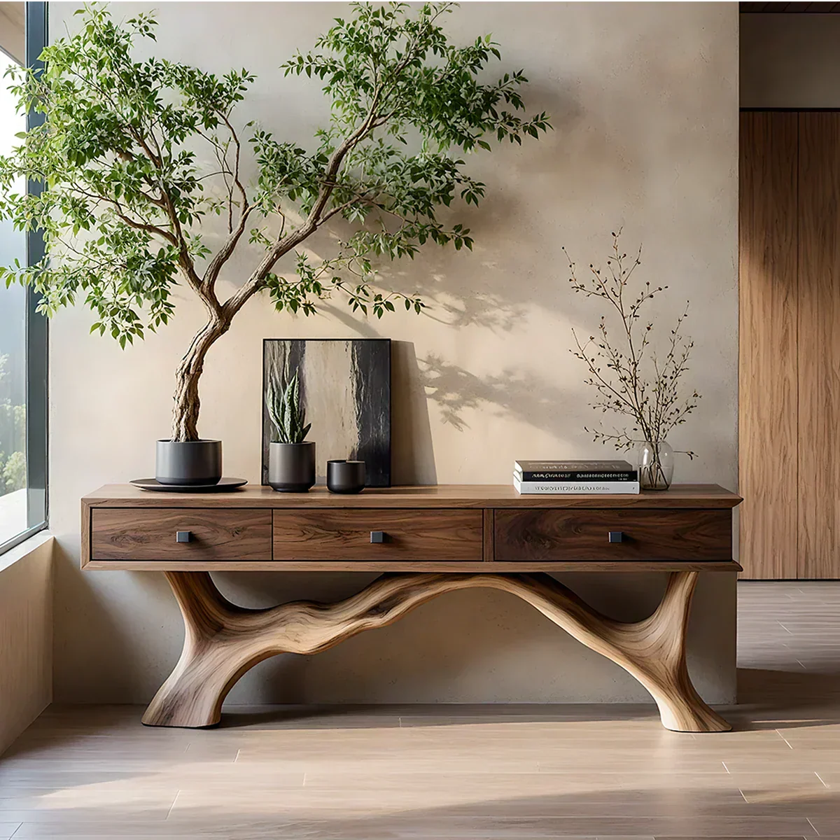 Solid Wood Console Table with Sculpted Root-Inspired Base & Drawers - Rustiracraft 