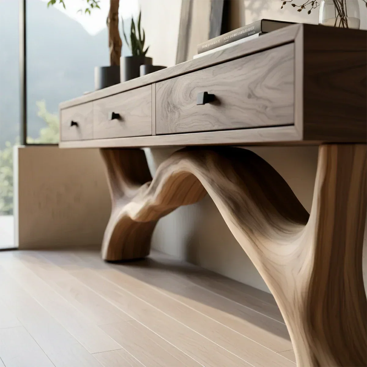 Solid Wood Console Table with Sculpted Root-Inspired Base & Drawers - Rustiracraft 