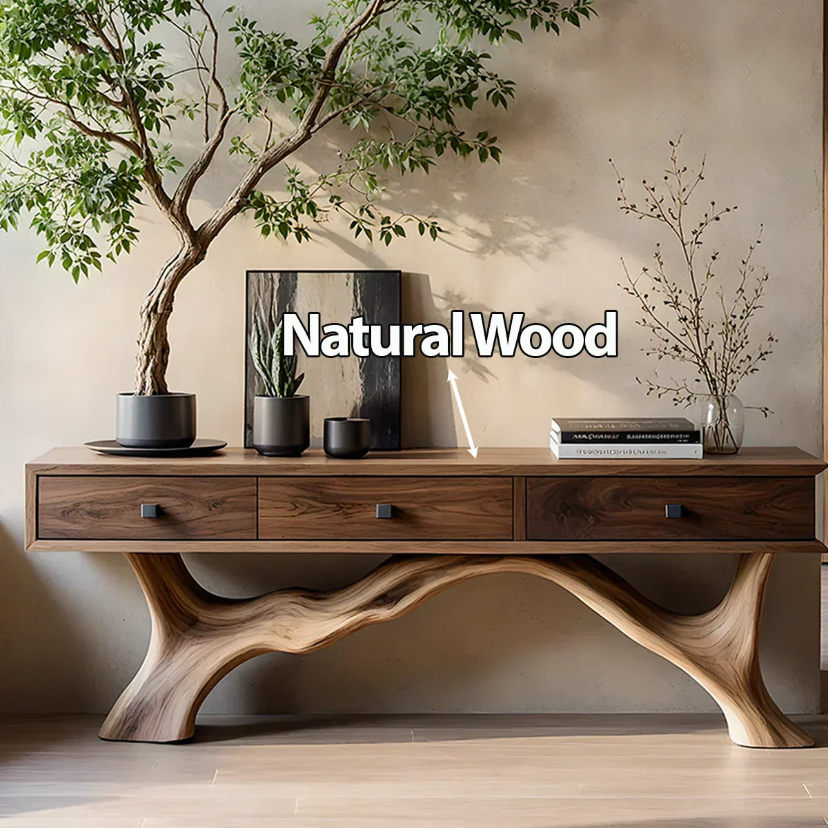 Solid Wood Console Table with Sculpted Root-Inspired Base & Drawers - Rustiracraft 