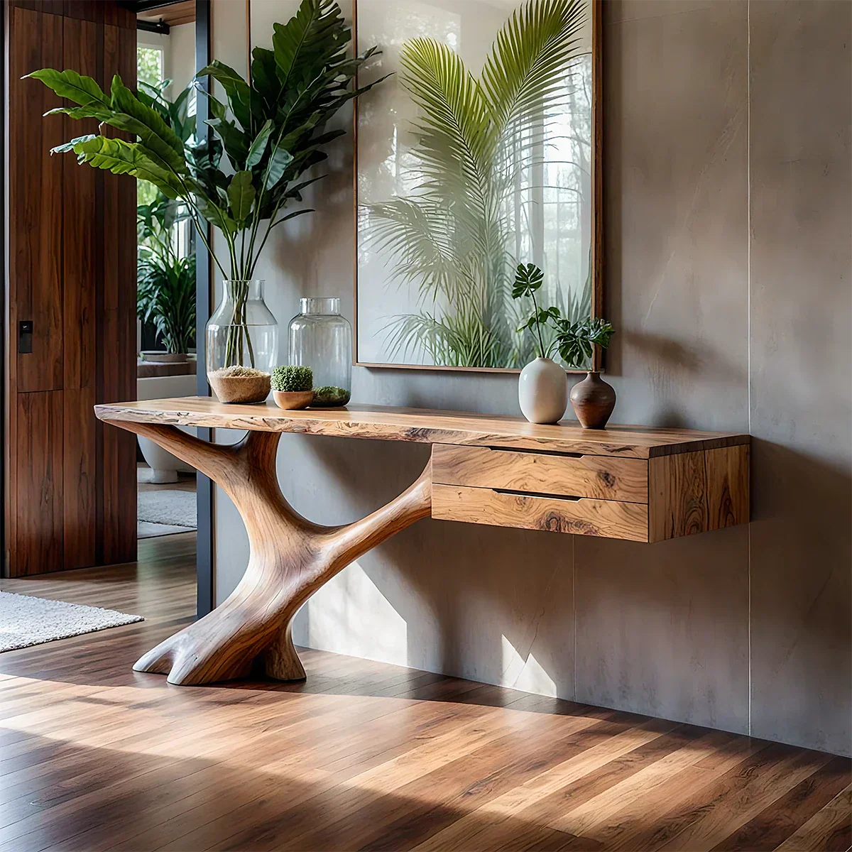 Solid Wood Console Table with Sculpted Tree-Root Base & Floating Drawers - Rustiracraft 