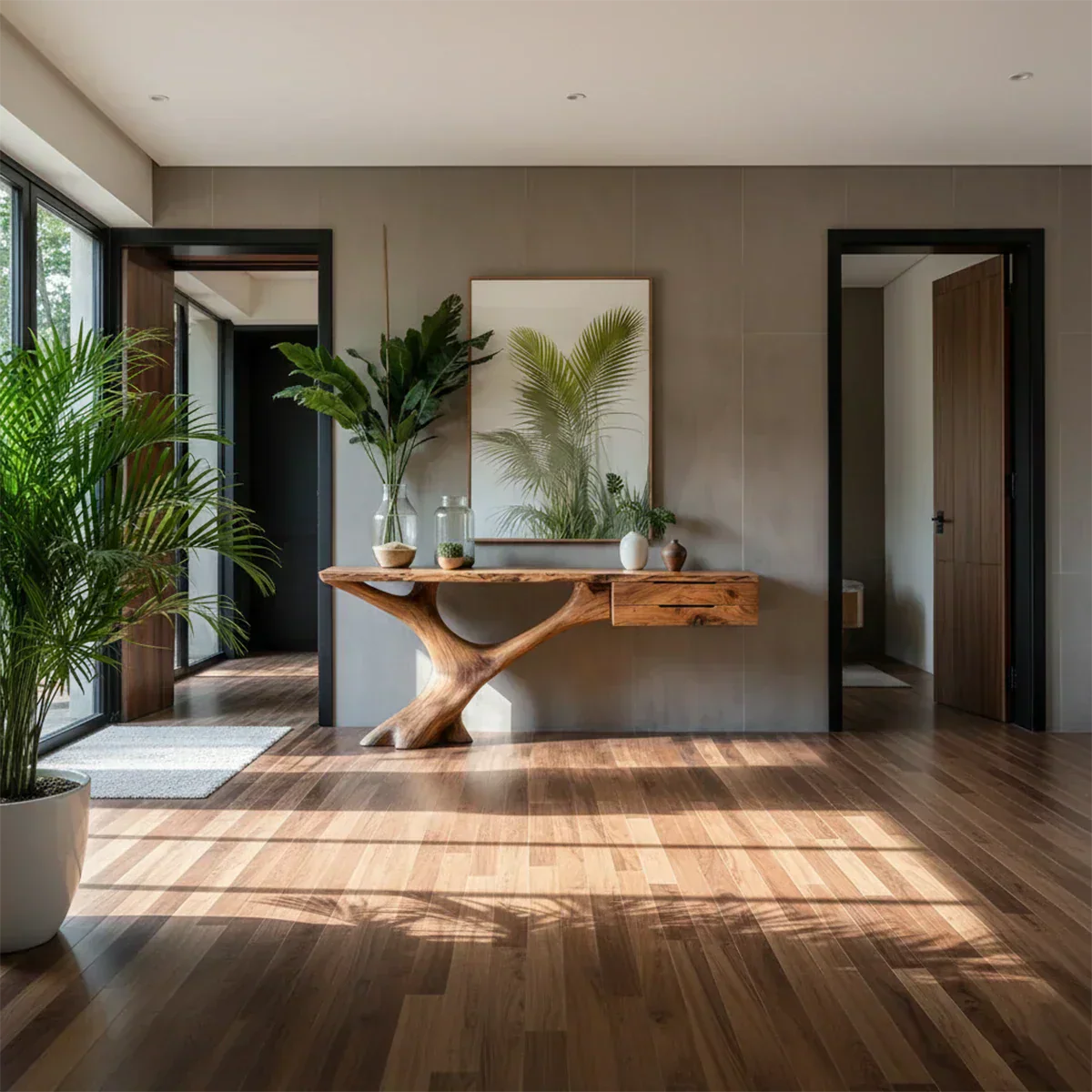 Solid Wood Console Table with Sculpted Tree-Root Base & Floating Drawers - Rustiracraft 