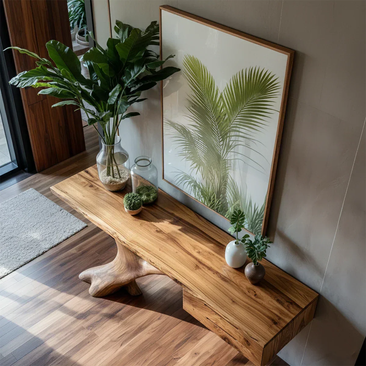 Solid Wood Console Table with Sculpted Tree-Root Base & Floating Drawers - Rustiracraft 