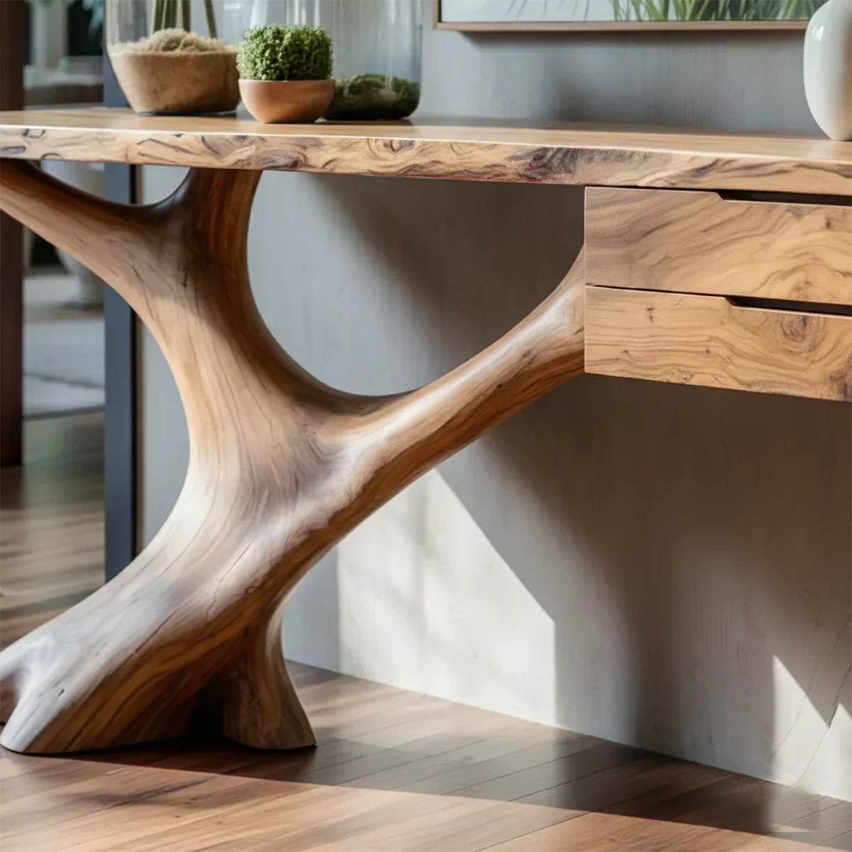 Solid Wood Console Table with Sculpted Tree-Root Base & Floating Drawers - Rustiracraft 
