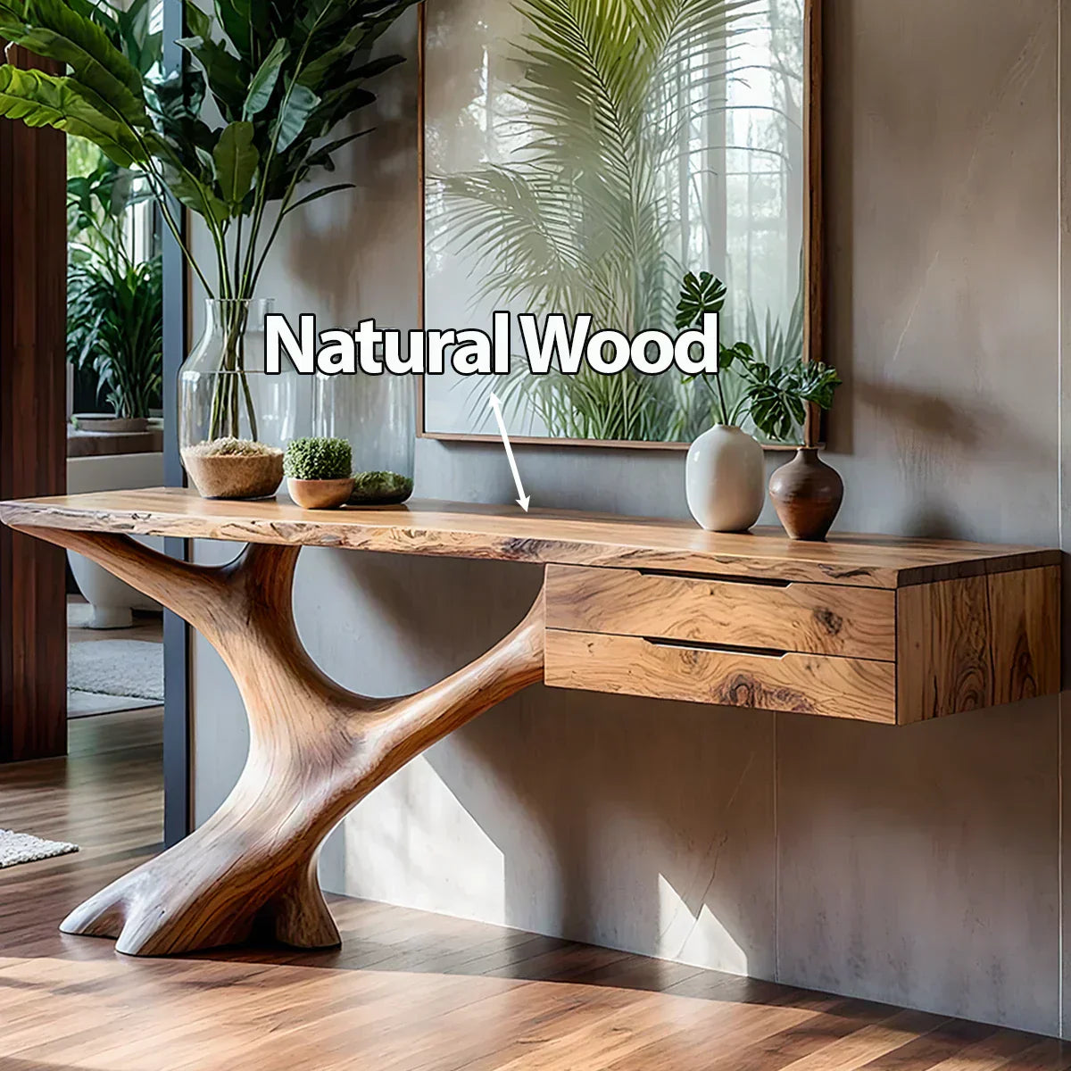 Solid Wood Console Table with Sculpted Tree-Root Base & Floating Drawers - Rustiracraft 